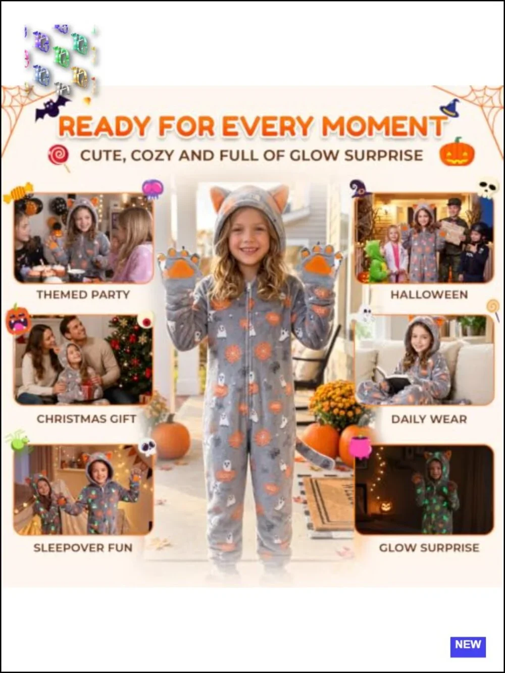 Joycover Girls Glow in the Dark Cat Onesie Fleece Jumpsuit Costume
